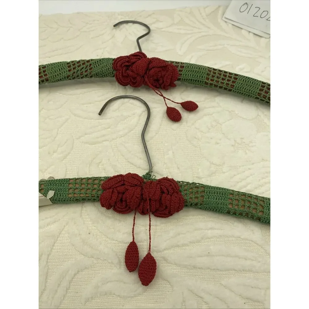 Antique Handmade set of 2-crochet Green Lace W/Red Roses Covered Wood Hangers